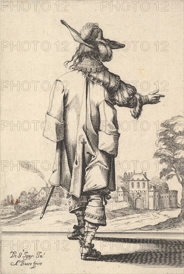A gentleman, seen from behind, with his right arm outstretched and a cloak over his left s..., 1629. Creator: Abraham Bosse.