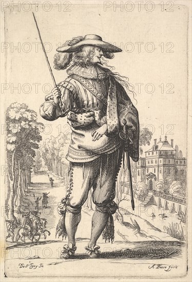 A gentleman with his head turned towards the right in profile, wearing a plumed hat and a ..., 1629. Creator: Abraham Bosse.