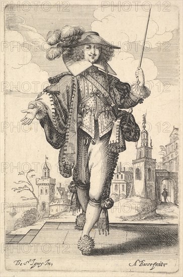 A gentleman walking forward, with his right arm outstretched and a whip in his left hand..., 1629. Creator: Abraham Bosse.