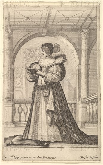 A woman standing, facing the left in profile, wearing a hat and a lace collar, reading..., ca. 1629. Creator: Abraham Bosse.