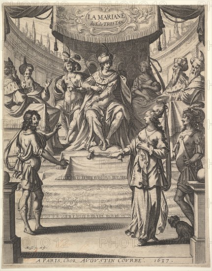 Frontispiece for "Tristan L'Hermite": Marianne standing to right before Herod and his cour..., 1637. Creator: Abraham Bosse.