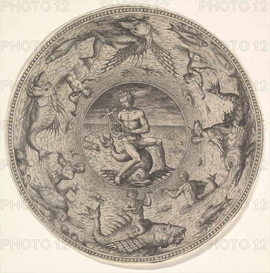 Arion on a Dolphin surrounded by a Border decorated with Sea Creatures, from a Set of..., 1580-1600. Creator: Adriaen Collaert.