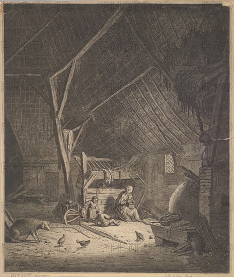 Interior of a Barn with Mother and Two Children, Right in Front a Pig (copy), 17th century. Creator: Jacob Louys.