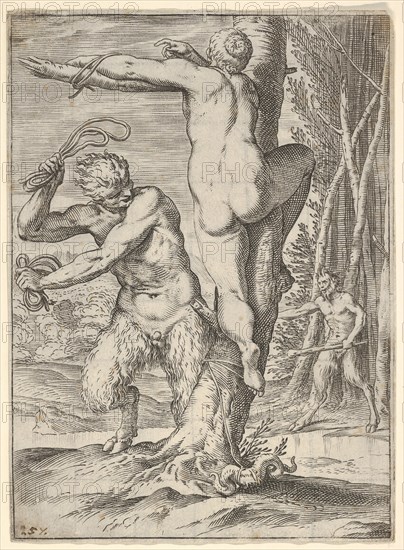 Satyr whipping a nymph, who is shown from behind and bound to a tree, a second saty..., ca. 1590-95. Creator: Agostino Carracci.