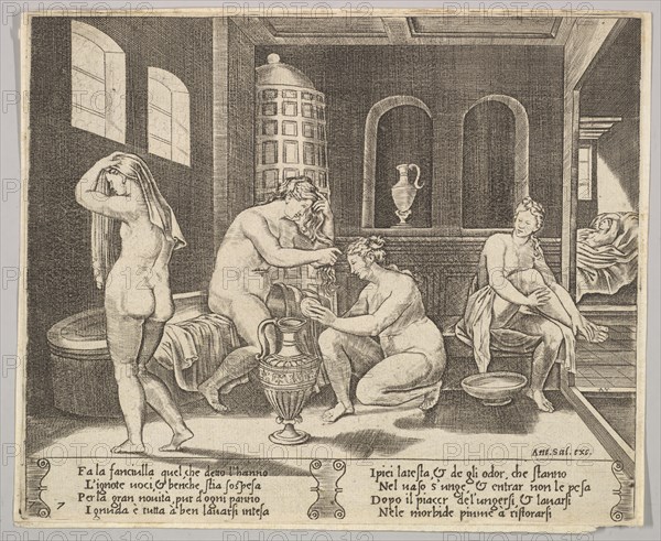 Plate 7: Psyche attended in her bath by nymphs, in the background right Psyche repr..., ca. 1520-36. Creator: Agostino Veneziano.