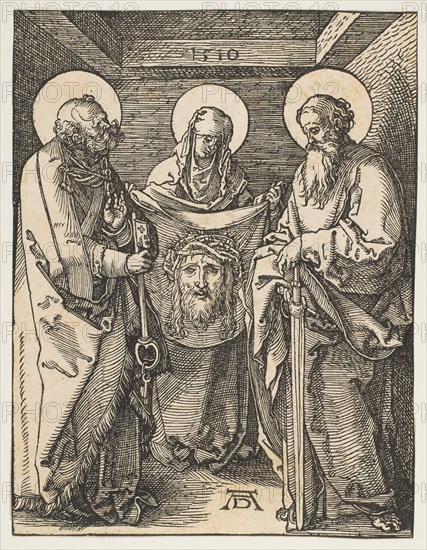 Saint Veronica between Saints Peter and Paul, from The Small Passion, 1510. Creator: Albrecht Durer.