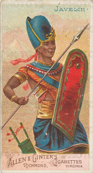 Javelin, from the Arms of All Nations series (N3) for Allen & Ginter Cigarettes Brands, 1887. Creator: Allen & Ginter.