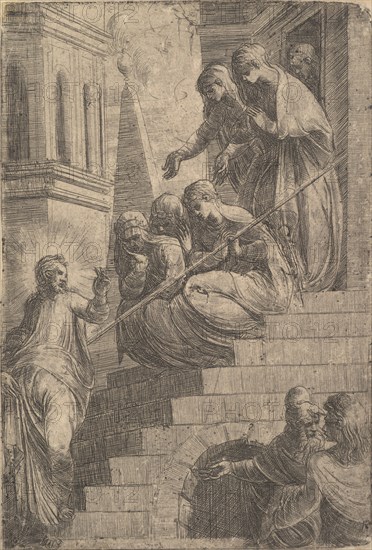 Christ addressing a group of women seated and standing on steps, ca. 1541-44. Creator: Andrea Schiavone.