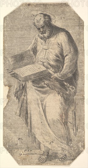 Saint Peter holding a large open book, keys by his side, from 'Christ and the Apost..., ca. 1548-50. Creator: Andrea Schiavone.