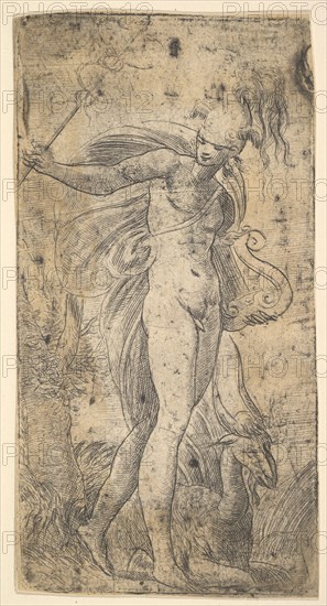 Mercury standing holding a cadecus in his right hand, a lyre in his left, ca. 1536-40. Creator: Andrea Schiavone.