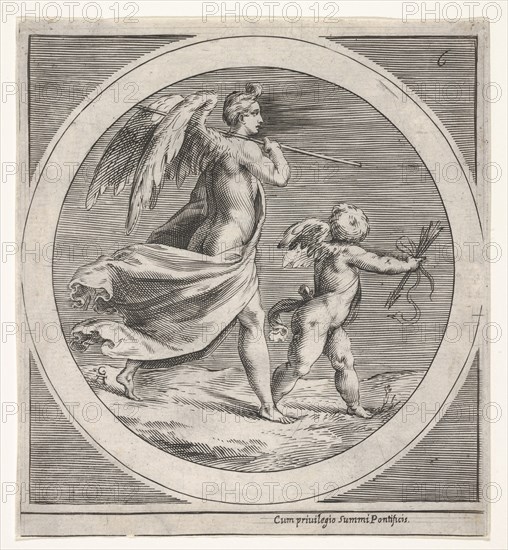 Winged female figure, draped and carrying a staff, striding behind a winged putto..., ca. 1550-1600. Creator: Unknown.