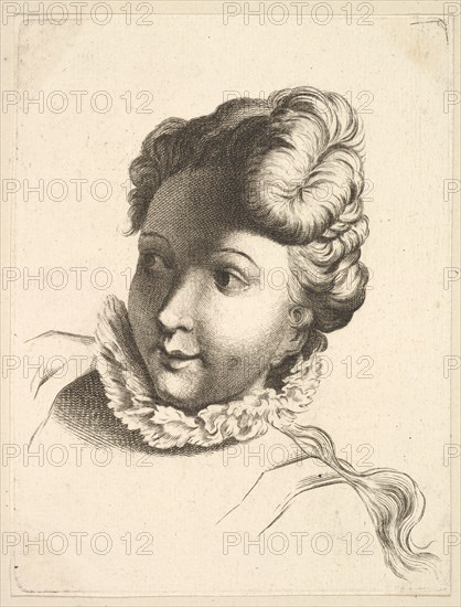 Head of a Woman Wearing a Ruff, from Livre de Têtes Gravées d'apres F. Boucher et ..., 18th century. Creator: Unknown.