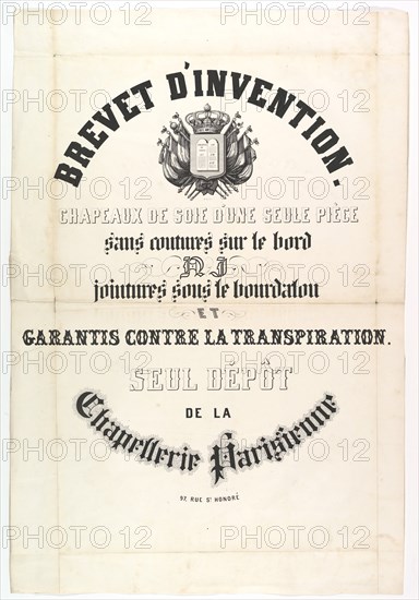 Brevet d'Invention. Chapeaux de soie d'une seule pièce..., 19th century. Creator: Unknown.