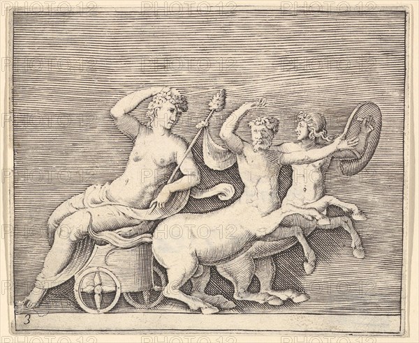 Reclining Female Figure on a Chariot drawn by Two Centaurs, published ca. 1599-1622. Creator: Unknown.