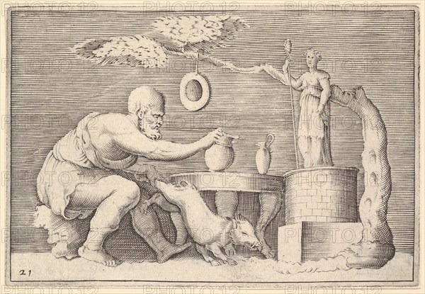 A Faun or Satyr Preparing a Pig for Sacrifice, published ca. 1599-1622. Creator: Unknown.