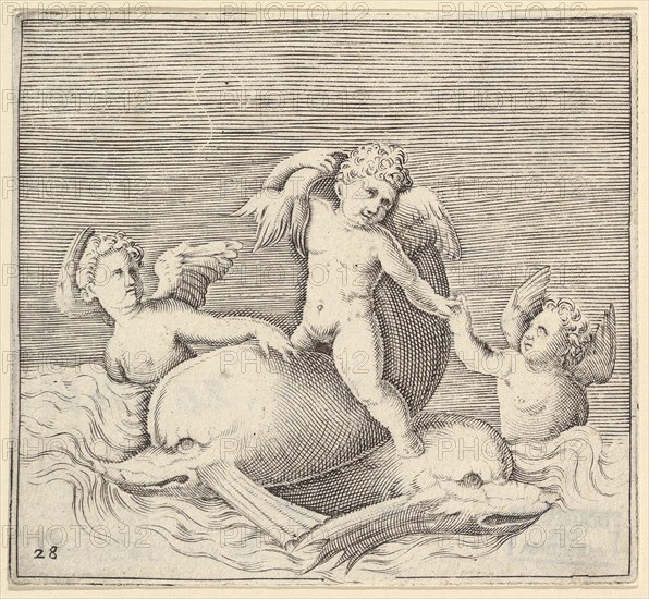 Three Cupids and Two Dolphins, published ca. 1599-1622. Creator: Unknown.