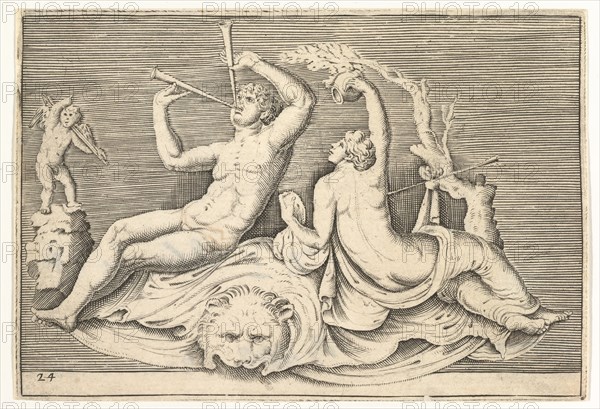 Man Playing Two Flutes and Woman on Lionskin, published ca. 1599-1622. Creator: Unknown.