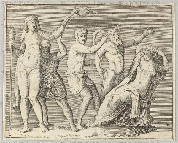 Two Figures, a Faun, and a Satyr approach a Recliniing Woman, published ca. 1599-1622. Creator: Unknown.