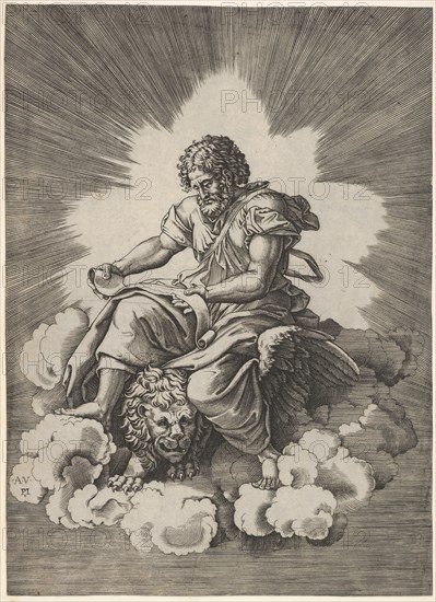 St. Mark, seated with an unfurled scroll in his hands, a winged lion's head and fore..., after 1518. Creator: Unknown.