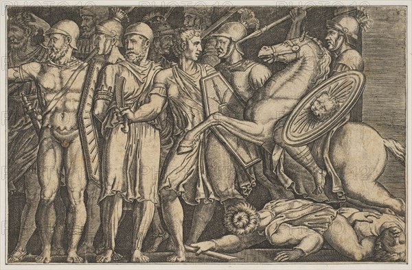 Trajan Fighting the Dacians; Trajan on horseback at right riding towards a group ..., ca. 1515-1600. Creator: Unknown.