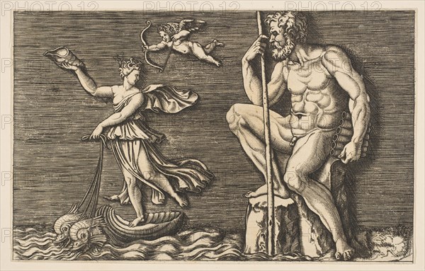 Galatea escaping Polyphemus; he is seated on a rock holding a staff and pipes and..., ca. 1515-1600. Creator: Unknown.