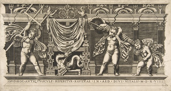 Three cupids in front of a facade with pilasters, one holding a trident and anoth..., ca. 1515-1600. Creator: Unknown.