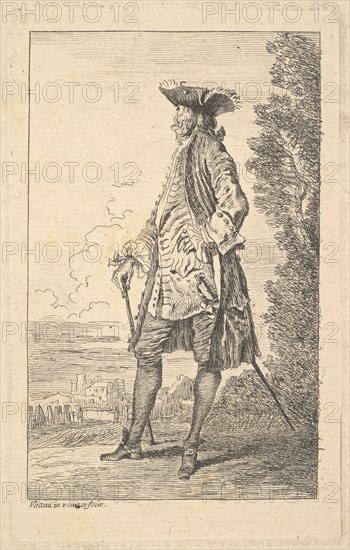 Man walking and carrying a cane in his right hand, shown in three-quarters view with h..., ca. 1710. Creator: Jean-Antoine Watteau.