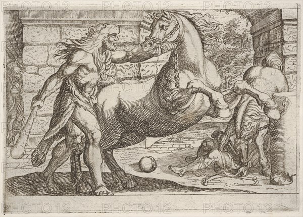 Hercules and the Mares of Diomedes: Hercules grasps the bridle of a rearing horse, a secon..., 1608. Creator: Antonio Tempesta.