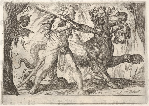 Hercules and Cerberus: Hercules grasps the collar of Cerberus, two demons appear at left..., 1608. Creator: Antonio Tempesta.