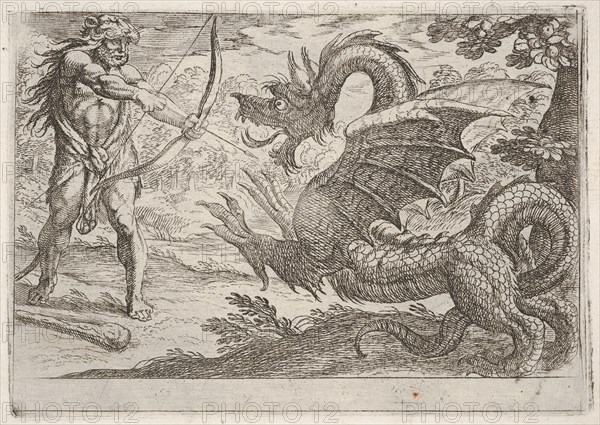 Hercules and the Serpent Ladon: Hercules draws his bow, the rearing serpent appears in pro..., 1608. Creator: Antonio Tempesta.