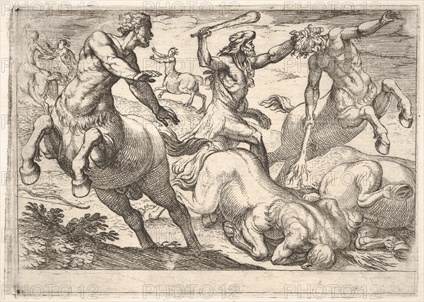 Hercules and the Centaurs: Hercules holds the head of a centaur with his left hand and rai..., 1608. Creator: Antonio Tempesta.