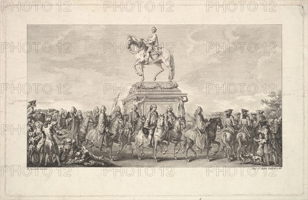 The Inauguration of the Statue of Louis XV, Vignette on page 1, from Description des Trava..., 1766. Creator: Augustin de Saint-Aubin.