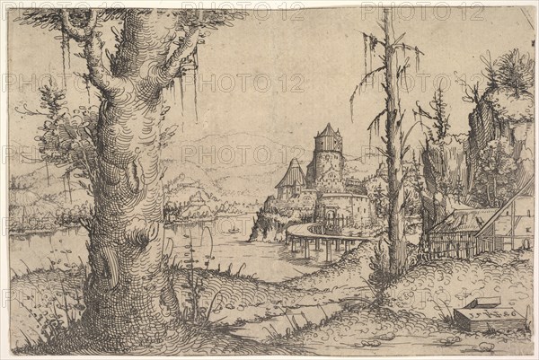 River Landscape with Large Tree at Left, 1546. Creator: Augustin Hirschvogel.