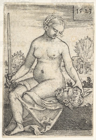 Judith, seated nude with a sword in her right hand, gazing down at the head of Holofernes ..., 1523. Creator: Barthel Beham.