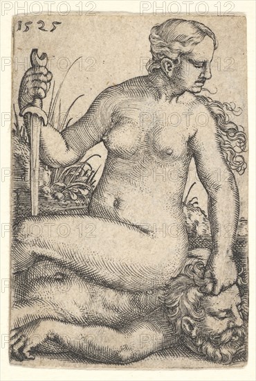 Judith, looking towards the right, seated nude atop the dead body of Holofernes, with a sw..., 1525. Creator: Barthel Beham.