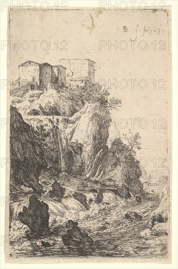 Cascades near Ponte della Trave, with buildings on a rocky outcrop above, from the series ..., 1639. Creator: Bartholomeus Breenbergh.