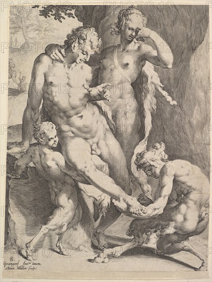 Oreads Removing a Thorn from a Satyr's Foot, 1590. Creators: Bartholomeus Spranger, Jan Muller.