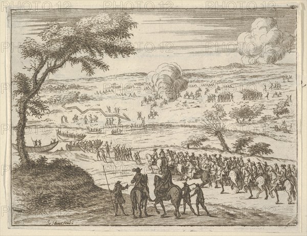 Francesco I d'Este Freely Crosses the Po and Takes Up his Sword Against Troops in the Viny..., 1659. Creators: Bartolomeo Fenice, Jean Sauve.