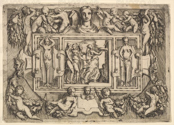 The Cumeaean sibyl walking to the right and carrying a tray, followed by three wome..., ca. 1540-80. Creator: Battista del Moro.