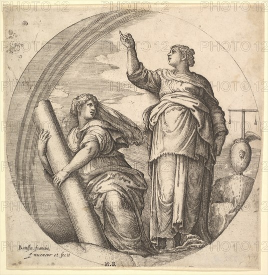 Fortitude and Justice, an allegorical composition in round format, with Fortitude g..., ca. 1530-61. Creator: Battista Franco Veneziano.