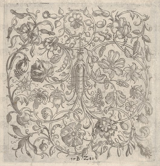 Square Panel with Vegetal Scrollwork, Flowers and Fruits, 1581. Creator: Bernhard Zan.