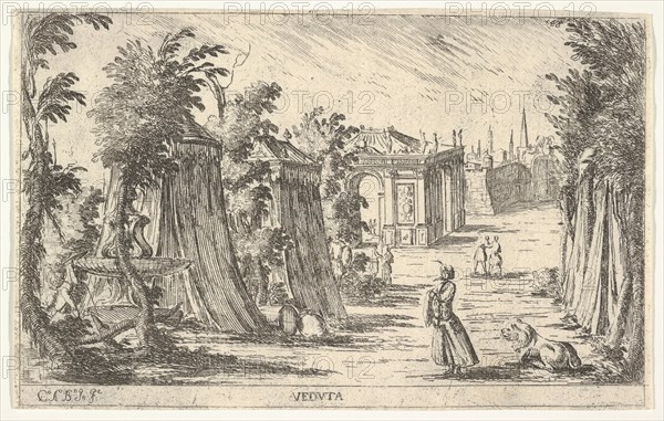 View with a man in a turban and a lion standing at right, tents and classical archite..., 1680-1710. Creator: Carlo Antonio Buffagnotti.