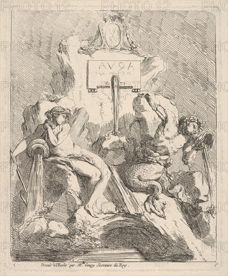 Design for a fountain with a seated nymph at left and triton holding a shell to his mouth ..., 1768. Creator: Charles Hutin.