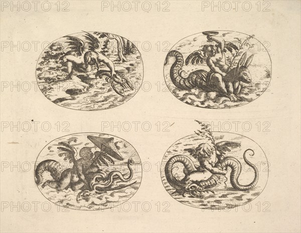 Putti with Sea Monsters, plates from the Neue Grotessken Buch, 1610. Creator: Christoph Jamnitzer.