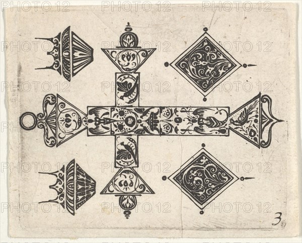 Blackwork Print with a Latin Cross and Four Motifs, ca. 1620. Creator: Claes Jansz Visscher.