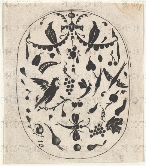 Oval Blackwork Print with Birds, Insects and Fruits, ca. 1620. Creator: Claes Jansz Visscher.