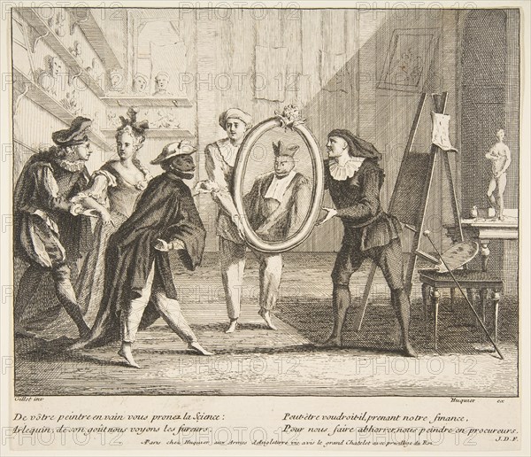 Pierrot and Scaramouche show the portrait of Harlequin.n.d. Creators: Claude Gillot, Jacques Gabriel Huquier.