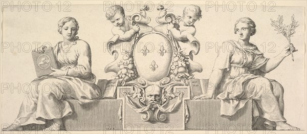 The Arms of France Accompanied by Personifications of Law and Good Faith, 1664. Creator: Claude Mellan.