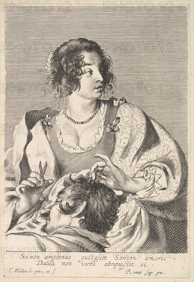 Delilah preparing to cut Samson's hair with scissors in her right hand, below her ches..., ca. 1629. Creator: Nicolas Viennot.