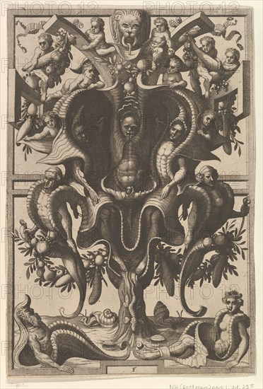 Auricular Cartouche with Figures within a Strapwork Frame from Veederley Veranderinghe van..., 1556. Creators: Johannes van Doetecum I, Lucas van Doetecum.